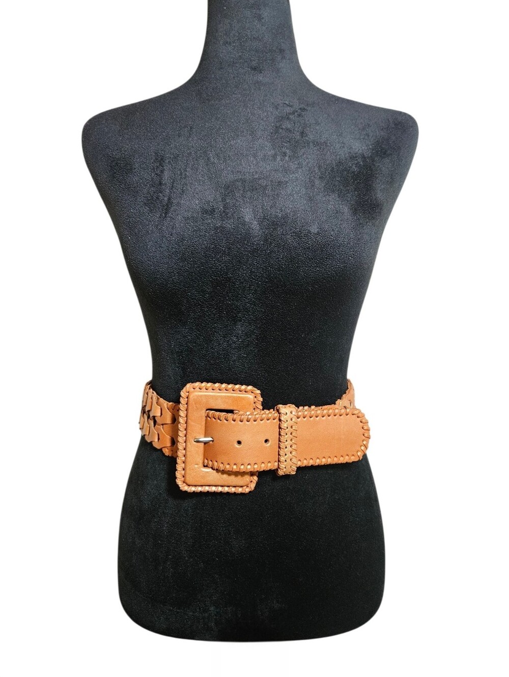 Streets Ahead Vintage Women's Cognac Leather Dual Woven Statement Belt Size M